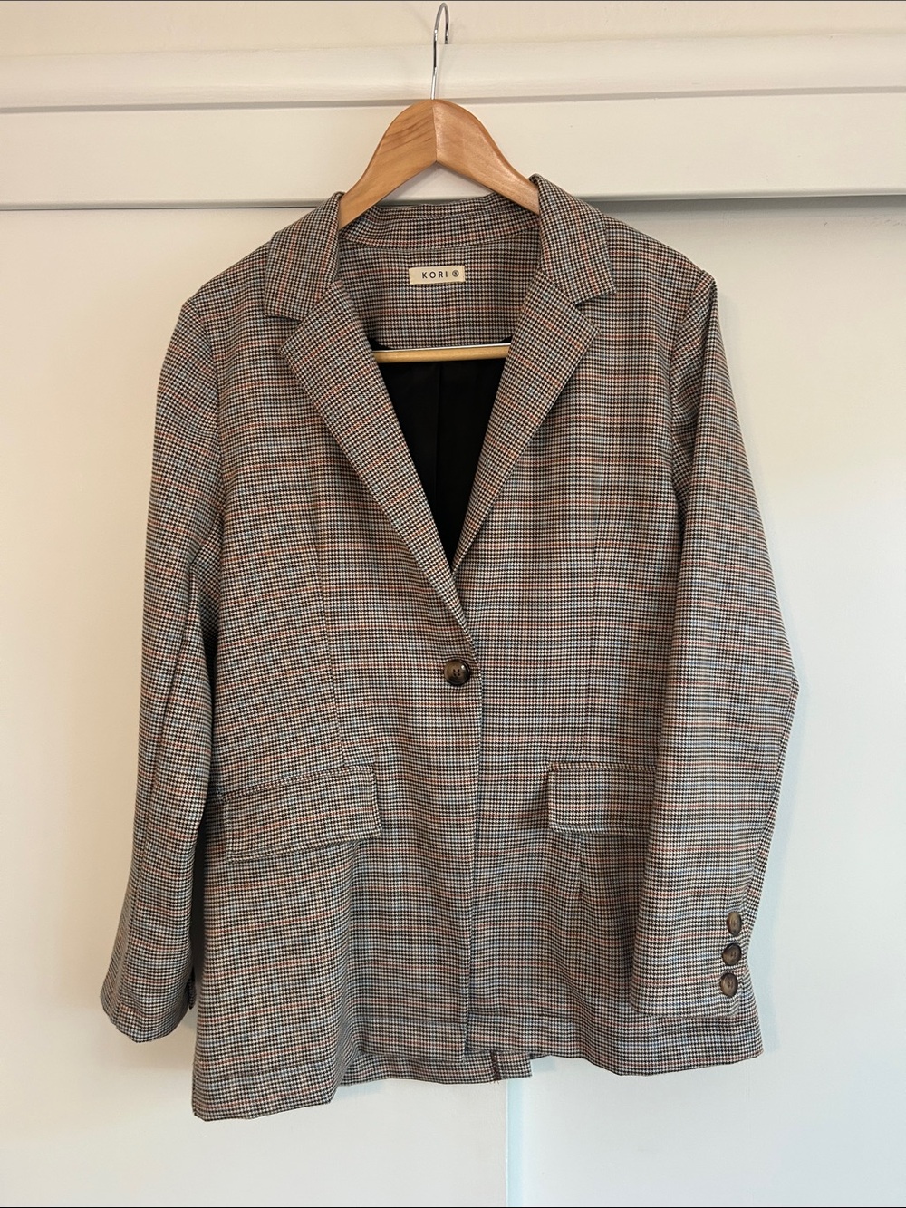 Oversized Micro-houndstooth Blazer in Brown and Gray, single button